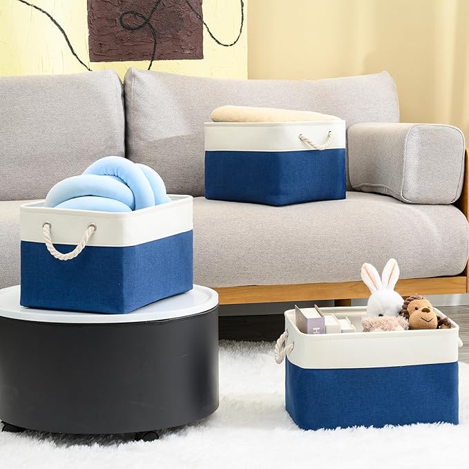 DUHEL Storage Bins 3 Pack, Fabric Storage Basket for Collapsible Medium Canvas Storage Baskets for Organizing Shelf Nursery Home Closet . (White&Blue-3PCS)