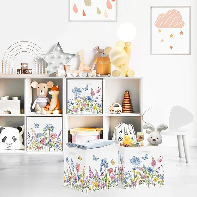 Clastyle Flowers Storage Cube Organizer Set Handle Closet Clothes Cube with Metal Frame Foldable Parents Organizer Storage Basket for Book Toy,Blue Flowers,11.8x11.8x11.8 in
