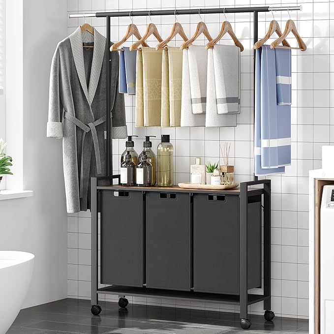 GarveeHome Laundry Sorter, Laundry Hamper 2-Section With Hanging Rack, Rolling Laundry Hamper With Removable Laundry Basket,Laundry Basket Organizer for Laundry Room, Rustic Brown