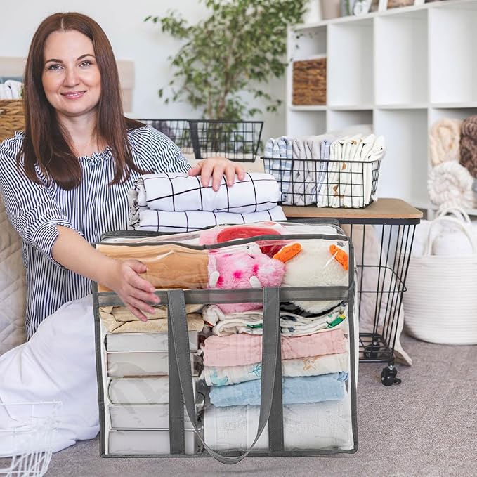 6 PCS Clear PVC Zippered Storage Bags 40L Plastic Closet Organizers and Storage Containers Foldable Moving Bags with Reinforced Handles for Bedding, Blankets, and Seasonal Clothes(Grey)