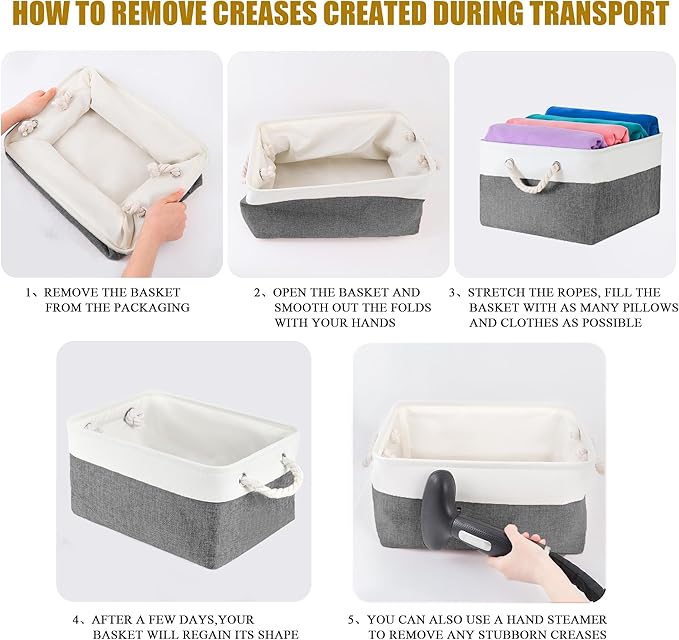 Storage Bins with Sturdy Cotton Handles(1 Pack), Fabric Storage Baskets for Organizing use for Office & Home, Book, Clothes, Toys, Closet Boxes (Large, Grey-White, 15.7x11.8x7.9 inches)