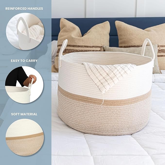OrganiHaus Large Woven Storage Basket for Blankets and Toys 20" x 13" Inch, Rope Laundry Basket with Handles, Cushions & Pillows Storage Bin, Nursery Hamper, Soft Round Dog Toy Bin - Honey Stripe