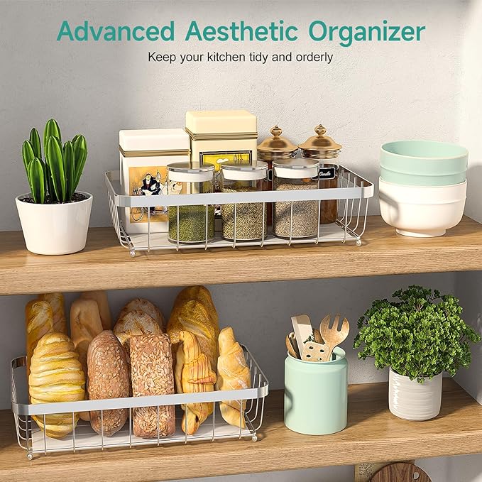 2 Tier Large Fruit Basket for Kitchen Counter with 2 Mobile Banana Hangers, 2026 Pro Detachable Metal Fruit Bowl with Wooden Handle (Silver, 2 Tier)