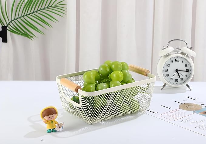 2Pack Metal Mesh Steel Basket, Small Wire Storage Organizer Basket Multi-function Hanging Kitchen Basket Fruit Basket with Wood Handle for Kitchen Picnic Cabinet Home Decor, Rectangle-Off White