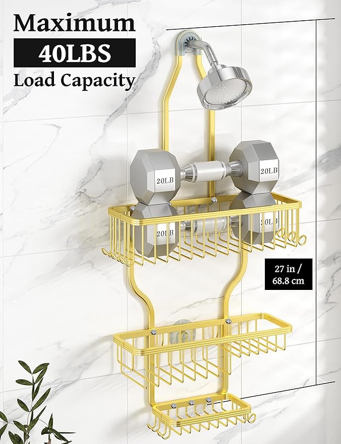 YASONIC Never Rust Shower Caddy Hanging Organizer - Aluminum Over-the-Showerhead Rack With 10 Hooks for Razor/Sponge and Soap Basket - Gold
