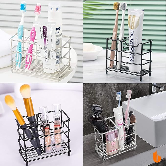 Urbanstrive 304 Stainless Steel Bathroom Toothbrush Holder Toothpaste Holder Stand Bathroom Accessories Organizer (Silver, Small)