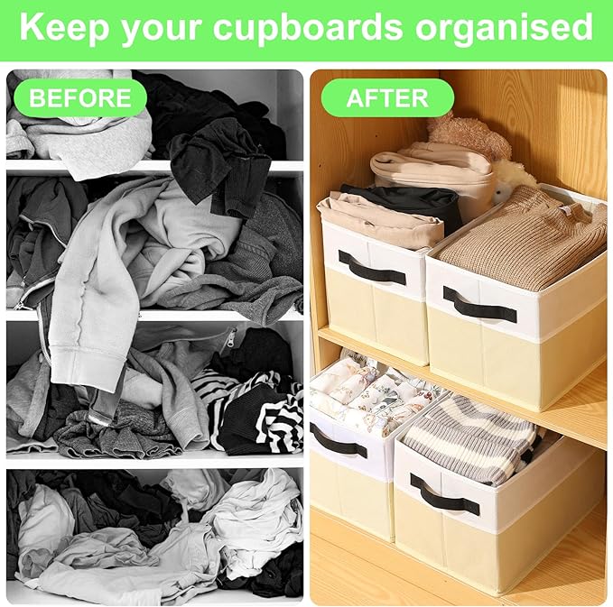 Large Shelf Storage Bins [4 Pack],Decorative Collapsible Storage Basket,Fabric Closet Organizer and Home Storage Cubes with Handles for Organizing Books, Clothes, Toys, Nursery（Beige）