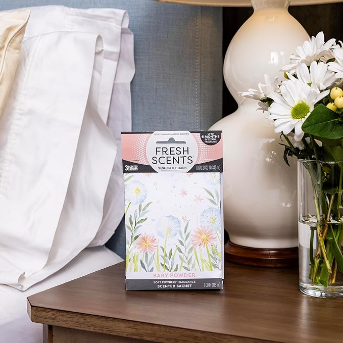 Fresh Scents Scented Sachets | Baby Powder | Home Fragrance | Long Lasting (Up to 6 Months) | Air Freshener for Closets, Drawers, & Cars | 6 Pack
