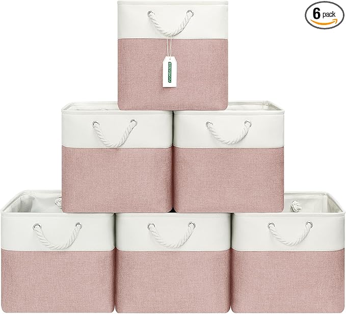 13x13 Inch Cube Storage Bins with Reinforced Bottom Cardboard, 6 Pack Large Foldable Fabric Storage Cubes with Handles for Shelf, Closet, Laundry Organization (White&Pink)