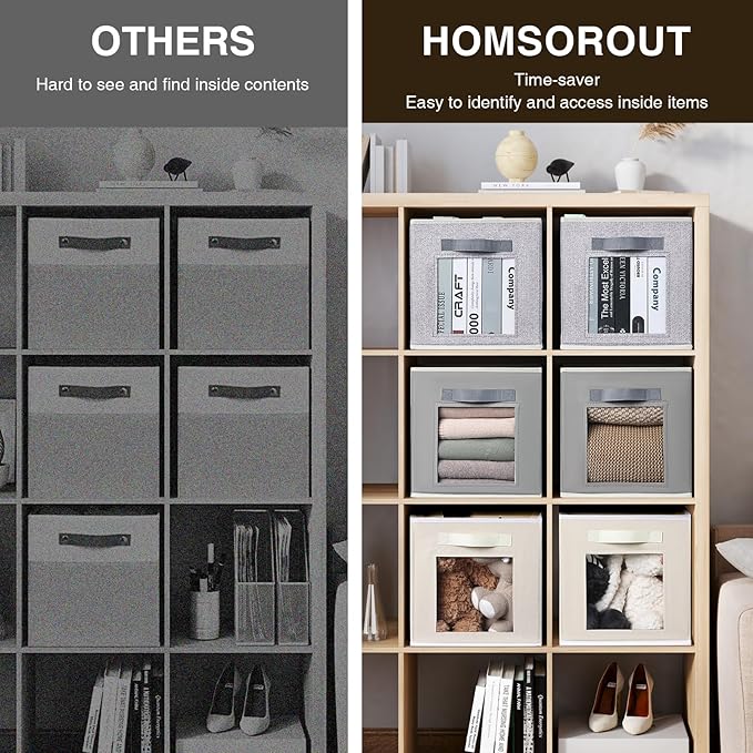 Foldable Storage Cubes - Cubby Storage Organizer with Window, Decorative Fabric Bins for Clothes Storage, Closet Organizers for Shelves, 11inch, Set of 8, Light Grey