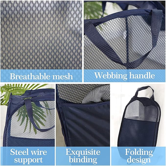 AQQA 9 Pcs Mesh Popup Laundry Hamper Set, Black/White/Blue, Durable Handles, Foldable, Sturdy Mesh Construction, Ideal for Kids, Teens, Adults, College Dorm, Camping, Hotel, Travel (Pack of 2)