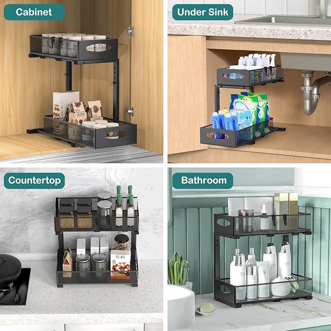 Housolution 1 Pack Under Sink Organizer, 2 Tier Metal Pull Out Under Sink Storage with Sliding Mesh Drawers, Height Adjustable Slide Out Under Sink Organizer for Kitchen Bathroom Cabinet, Black