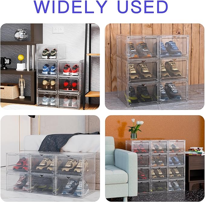 YIIHAA 12 Pack X Large Shoe Storage Box, hicken Sturdy Hard Plastic Clear Stackable Sneaker Shoe Rack for Size 12, Easy Assembly Storage Organizer, Holder Sneaker Container (Transparent, 6)