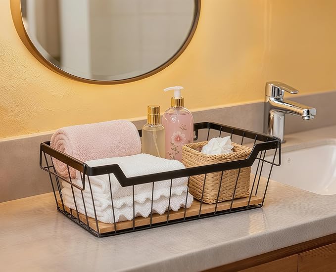 Metal Wire Basket with Handles Storage Organizer Stackable Organizing bin for Cabinet Shelf Countertop Under Sink Pantry for Kitchen,Bathroom,Laundry Closet, 1 Pack