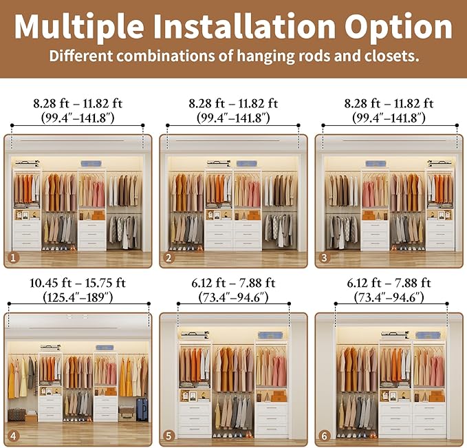 Closet System with 6 Drawers, 4FT-15FT Closet Organizer System with 10 Adjustable Hanging Rods & 2 Shelves, Modular Closet Systems Kit for Walk-In Closets, 2 Sets, White