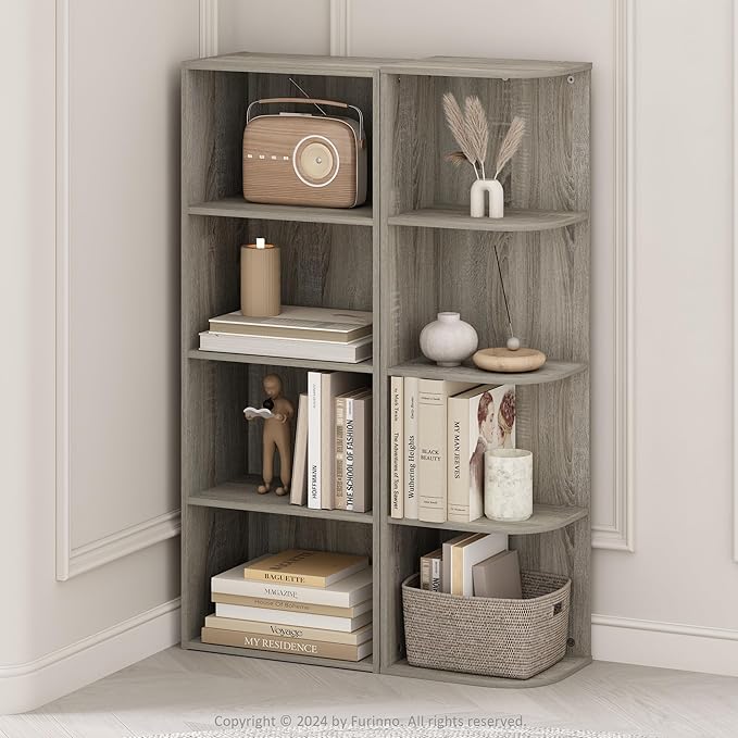 Furinno Reed Corner Shelf, 4-Tier Corner Bookshelf, Book Shelf, Corner Shelves, Storage Rack, for Organization and Storage, Home Office, Living Room, French Oak