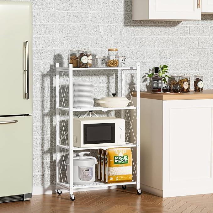 ALANNG Heavy Duty 4-Tier Folding Shelf with Wheels, No Tools Assembly Metal Storage Rack Cart, 264LBS Capacity for Kitchen, Pantry, Laundry Room, Garage, (White, 2PACK)