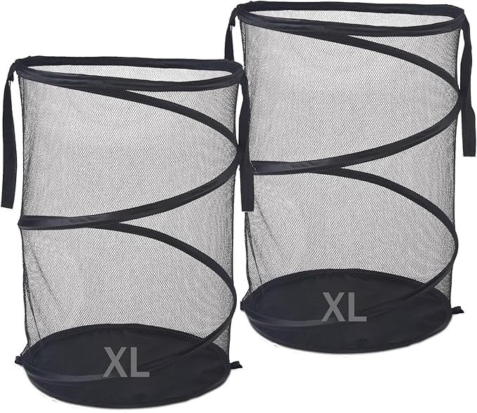 2Pcs Mesh Popup Laundry Hamper 115L Extra Large Collapsible Laundry Basket Foldable Clothing Storage Basket with Handles No Lid 26 H x 18 W x 18 L (Black)