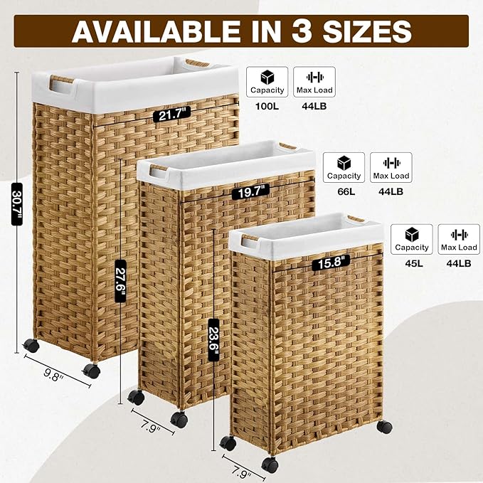 Greenstell Laundry Hamper with Wheels, 17.4 Gallon (66L) Slim Laundry Basket with 2 Removable Liner Bags & 2 Mesh Bags, Narrow Rattan Clothes Hamper for Bedroom, Laundry Room, Bathroom, Natural