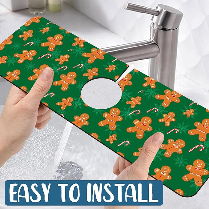 Christmas Gingerbread Man Sink Splash Guard Gingerbread Man Faucet Absorbing Mat Fast Drying Mat Sink Gadgets Splash Guard Behind Faucet Drip Catcher for Kitchen Bathroom, 15.5"x5.5"