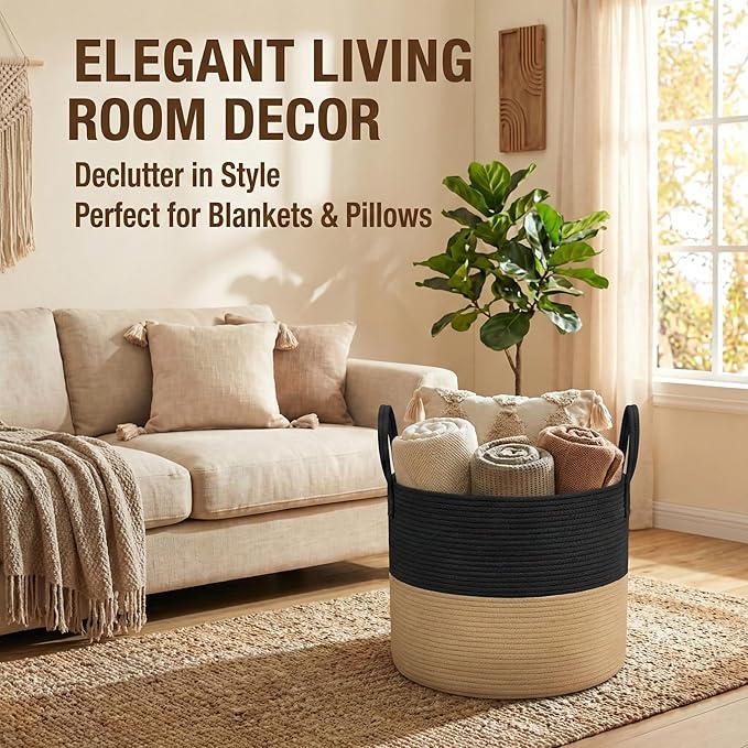 65L Extra Large Blanket Basket for Living Room - Woven Cotton Rope Laundry Hamper with Reinforced Handles - Storage Bin for Pillows, Comforters & Toys - Machine Washable,Black&Jute