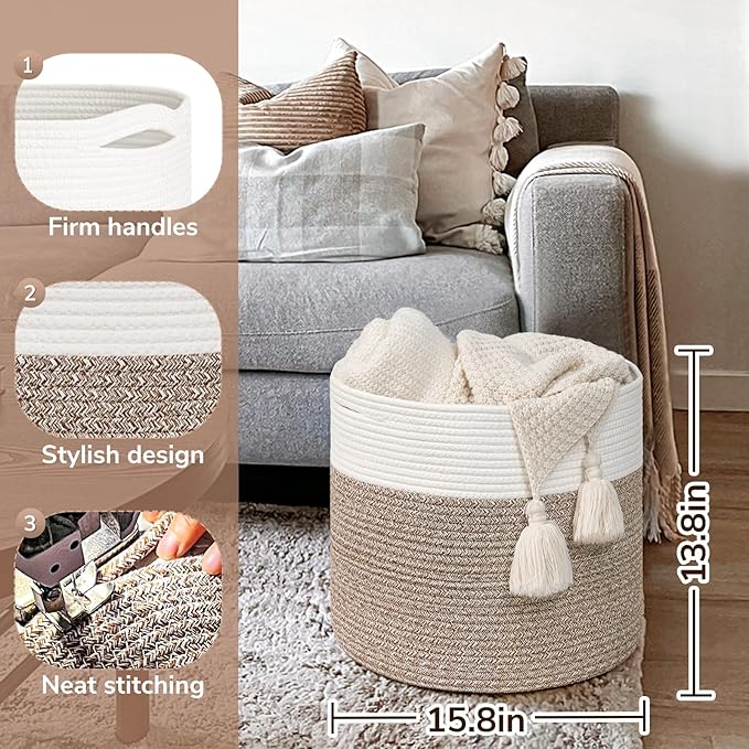 Goodpick 15.8 x 15.8 x 13.8 Inches Blanket Basket - Cotton Rope Baskets for Blankets & Toys, Nursery & Living Room Decor (Soft Material Design)