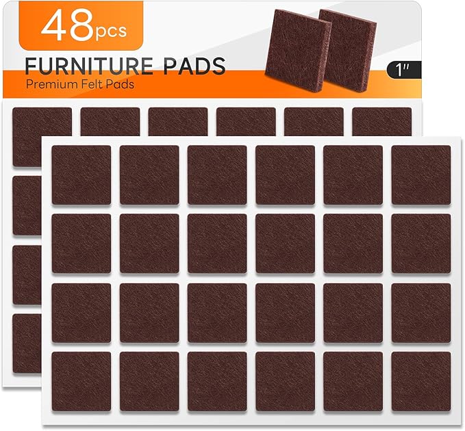 48 PCS Felt Furniture Pads, 1-inch Square Brown Chair Felt Pads, Felt Pads for Furniture Feet to Protect The Floor from Scratches,Reduce Noise