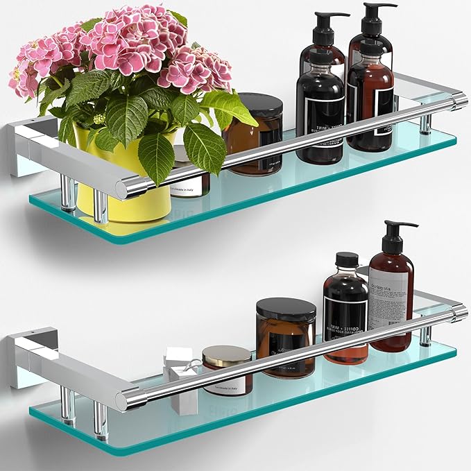 SFGSOWOR Glass Shelves for Bathroom, 20IN Rectangular Chrome Stainless Steel Tempered Glass Shelf Wall Mount Shelf Sink Over Toilet Modern Bathroom (Chrome Polished, 20‘’)