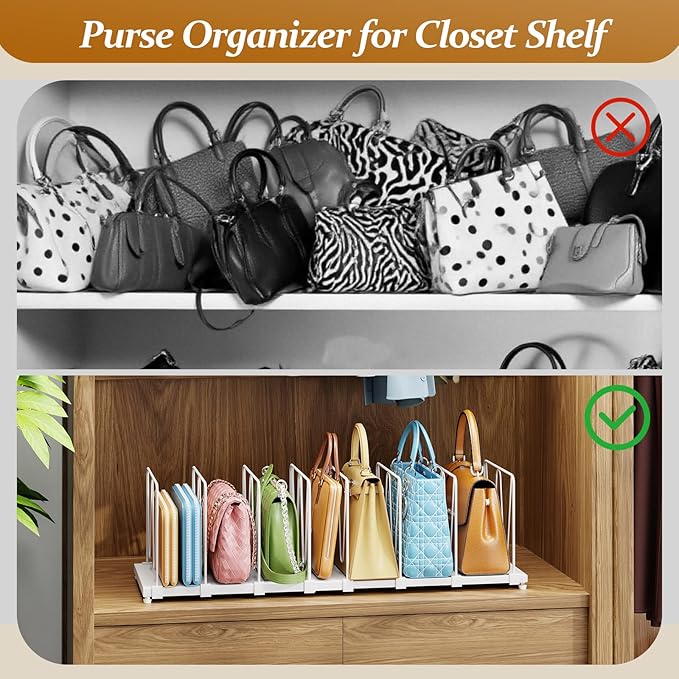 Extendable Purse Organizers Purse Storage. Length 16-28 in. Bag Organizer Purse Holder for Closet with 8 Adjustable Shelf Dividers Patent Pending