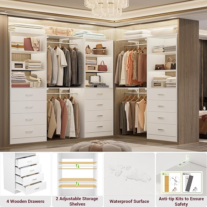 Aheaplus Closet Drawers Organizer System, 5.3FT Wood Closet System with 4 Drawers, Modular Walk-in Closets Storage Unit, Tall Bookshelf Storage Cabinet, White (3 Packs)