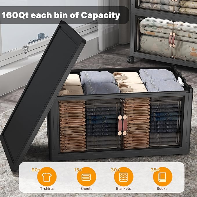 Extra Large Stackable Storage Bins with Lids & Wheels & Door, 960QT-160QT/40GAL*6Pack Foldable Collapsible Closet Organizers, Plastic containers drawers for bedroom Dorm