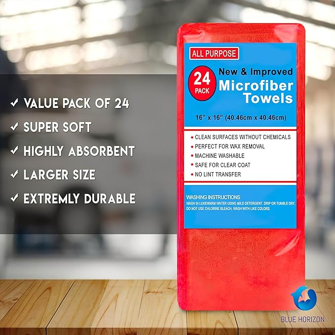 Blue Horizon Microfiber Cleaning Towels, Pack of 24, Ultra Soft Plush Washcloth, All Purpose Premium Microfiber Detailing Cleaning Cloths Reusable Shop Towels (16" x 16", Red)