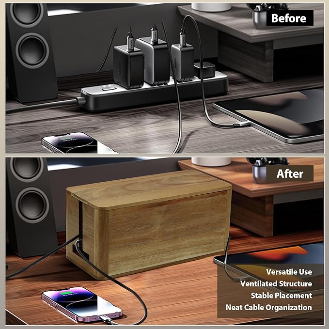 Large Acacia Wood Style Cable Management Box, Cord Organizer Power Strip Box with Magnetic Outlet Covers, Cord Hider for Desk and Floor Cable Storage, Ventilated Design