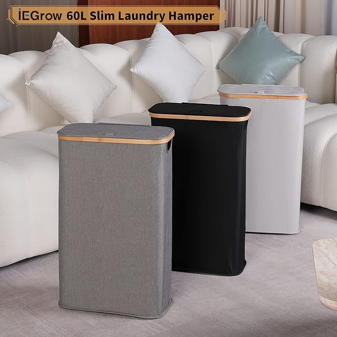 60L Slim Laundry Hamper, Narrow Laundry Basket with Lid,Foldable Clothes Hamper with Bamboo Handles,Hamper Basket with Removable Inner Bag for Laundry Room Bedroom College Dorm,Black