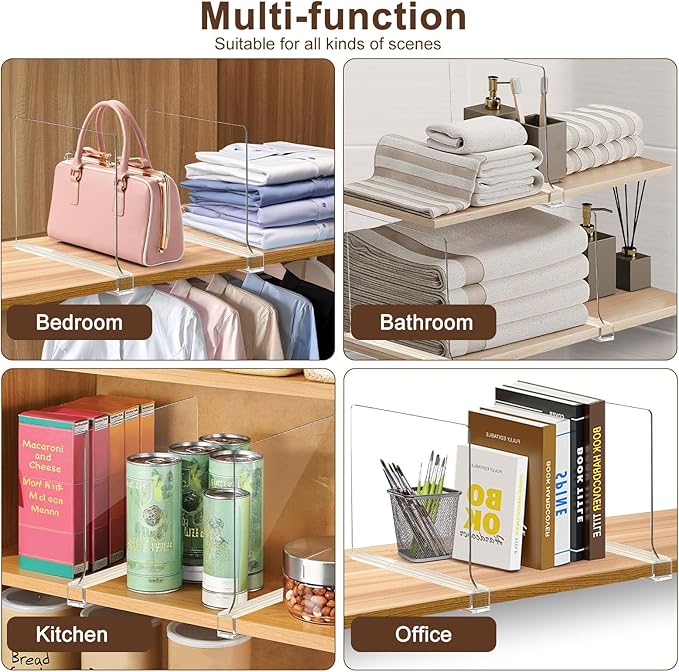 12 Pack Shelf Dividers, Adjustable Shelf Dividers for Closet Organization with Non-Slip Design, Clear Acrylic Shelf Dividers for Clothes, Handbags, Purses, Towels, Bookshelf in Home Organization