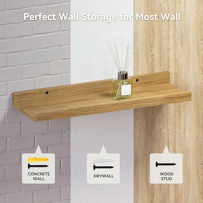 RICHER HOUSE 5 Set Floating Shelves for Wall Decor, Wall Mounted Book Shelf, Nursery Shelves Picture Ledge Shelf with Lip for Storage, Bedroom, Living Room, Bathroom - Oak