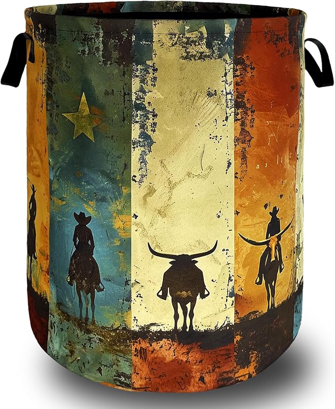 Retro Western Cowboy Laundry Basket Foldable Funny Western Laundry Hamper Oxford Cloth Colorful Tote Bag Clothe Toy Storage Bucket 18.9" x 16.5" For Bathroom/Laundry Storage/Bedroom