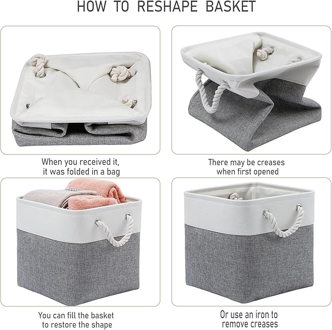 13 x 13 Inch Cube Storage Bins, 6 Pack Extra Large Collapsible Fabric Storage Bin with Ropes, Foldable Storage Cubes for Home (White & Grey-13"x13"x13")