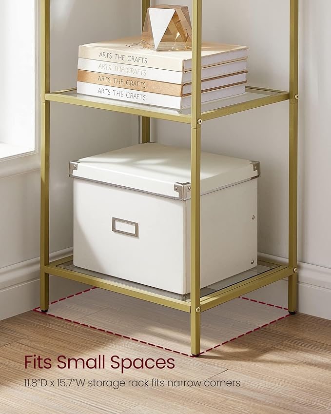 VASAGLE Bookcase, 6-Tier Bookshelf, Slim Shelving Unit for Bedroom, Bathroom, Home Office, Tempered Glass, Steel Frame, Metallic Gold ULGT500A01