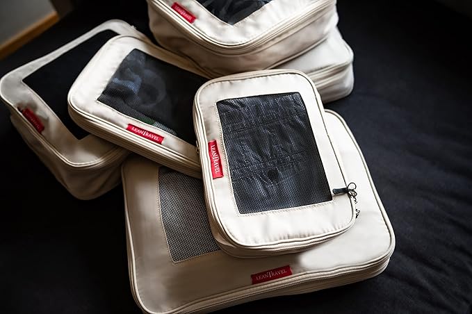 LeanTravel Compression Packing Cubes for Travel Organizers with Double Zipper 4 pack - Sand Color