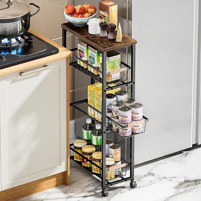 Narrow Rolling Cart with Wheels, 4-Tier Slim Metal Storage Cart with Pull-Out Baskets, 7.87 Inch Width Small Laundry Room Organizer Cart, Space-Saving for Kitchen, Bathroom
