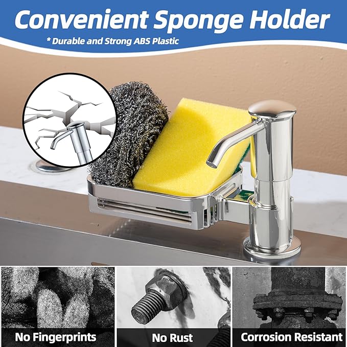 Soap Dispenser for Kitchen Sink, Built in Soap Dispenser Pump with Sponge Holder, Under Counter Brushed Nickel ABS Pump Head with 38" Extension Tube Kit, Good Suction Power