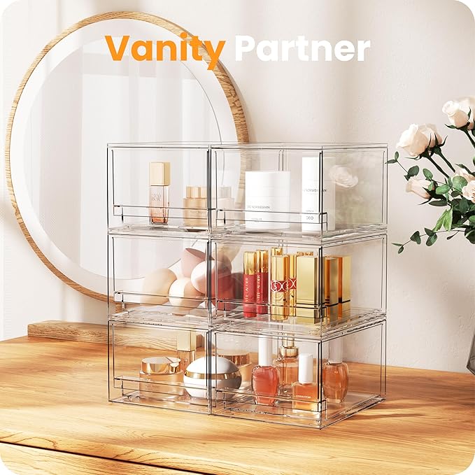 A-LuGei 【𝟰𝗣𝗖𝗦】 Acrylic Stackable Storage Drawers, 7.5" L Makeup Organizer, Bathroom Organizer and Storage, Plastic Storage Bins for Kitchen Cabinet Pantry Medicine Fridge