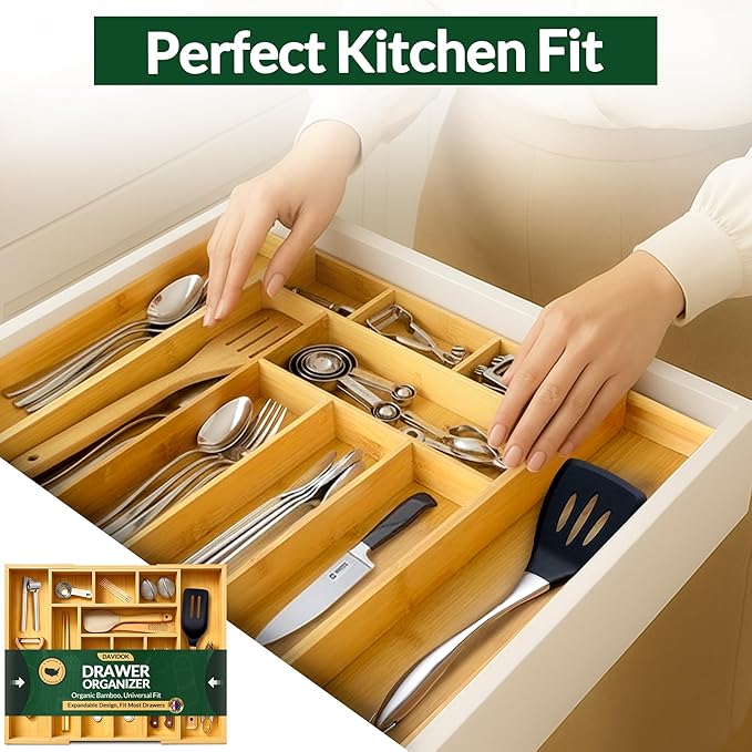 DAVIDOK Expandable Bamboo Drawer Organizer for Kitchen - 8 to 10 Slots Large Silverware Organizer for Utensils, Cutlery, Flatware & Kitchen Gadgets | Multiple Use, Non-Slip Feet Included