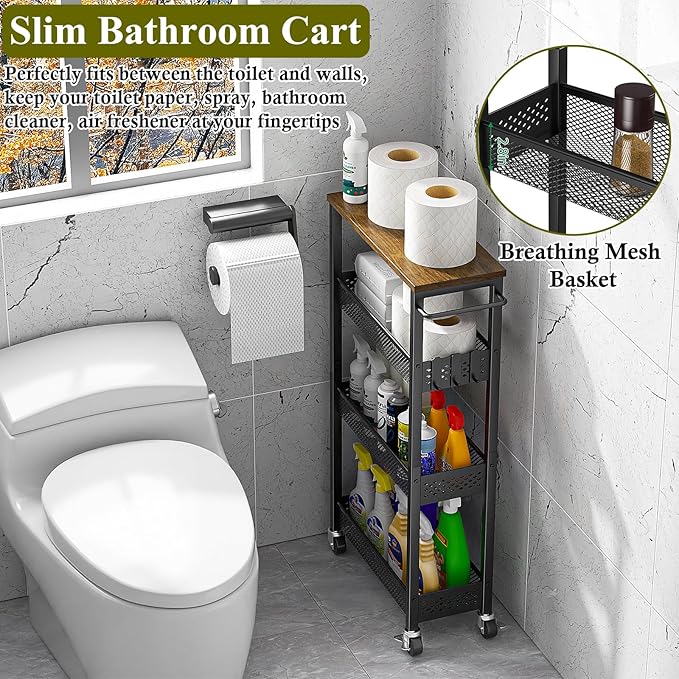 Utility Slim Storage Cart, 4 Tier Small Rolling Kitchen Laundry Room Cart with Wood Top, Metal Narrow Bathroom Storage Cabinet Mobile Shelf Unit Organizer Trolley with Handle for Narrow Space