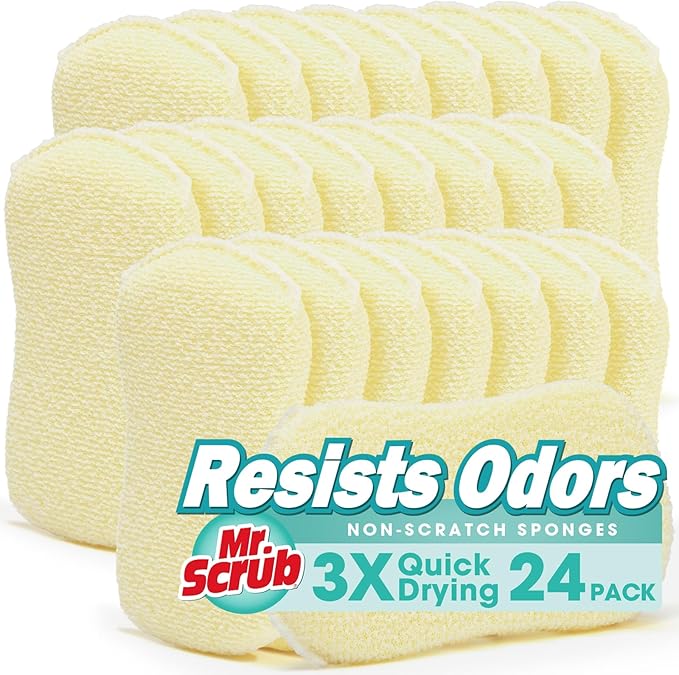 Sponges Kitchen Scrub Dish Sponge Scouring Pad, 24 Pack Cleaning Brush Scrubber Supplies for Soap, Dishwashing Dinnerware Sets Pan Pot Glass Dishwasher Sink Bathroom Towels Cloth Rags Holder