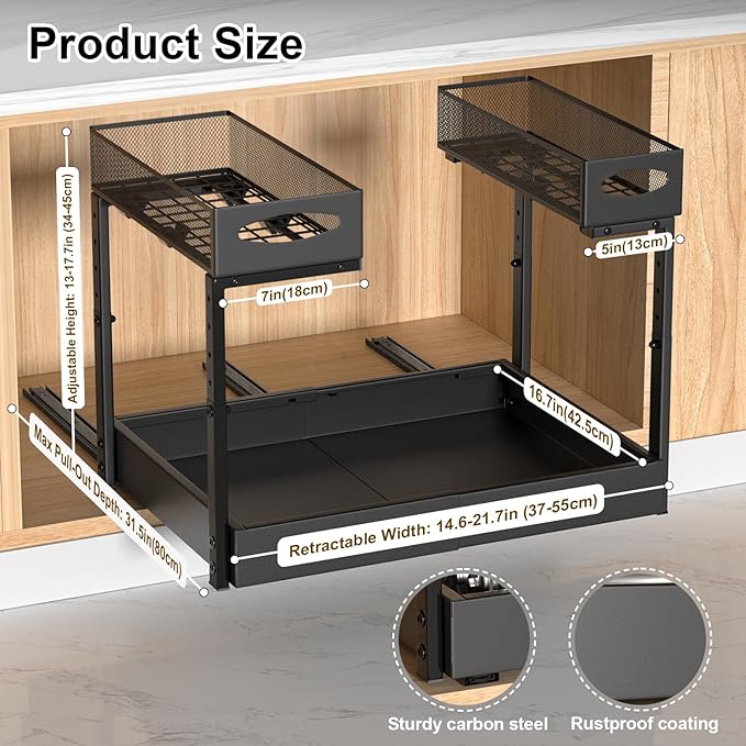 Housolution Under Sink Organizer, 14"-21" Width Expandable, 13"-17" Height Adjustable, 2 Tier Metal Pull Out Under Sink Storage Rack with 3 Sliding Rails for Kitchen Bathroom Cabinet, Double Side
