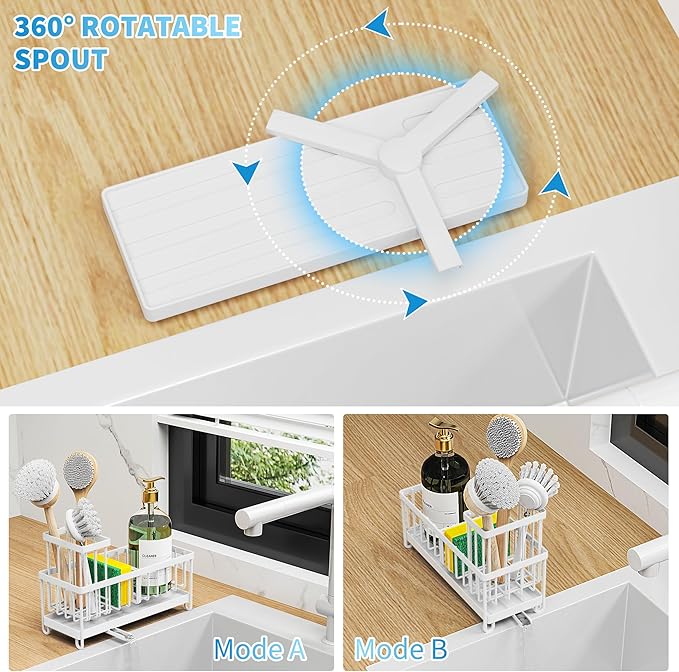 Cisily Sponge Holder for Kitchen Sink, Sink Caddy Organizer with High Brush Holder, Kitchen Countertop Organizers and Storage Essentials, Rustproof 304 Stainless Steel (White, 9.25″)