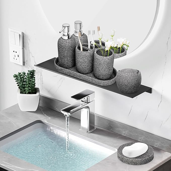 Bathroom Accessory Set, 6PCS Gray Bathroom Accessories - Soap Dish, Lotion Dispenser, Toothbrush Holder, Mouthwash Cup, Tray, Cotton Ball Jar, Aesthetic Decor Bathroom Sets