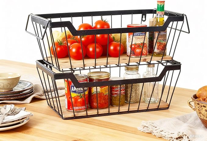 Metal Wire Basket with Handles Storage Organizer Stackable Organizing bins for Cabinet Shelf Countertop Under Sink Pantry for Kitchen,Bathroom,Laundry Closet,Set of 2pcs